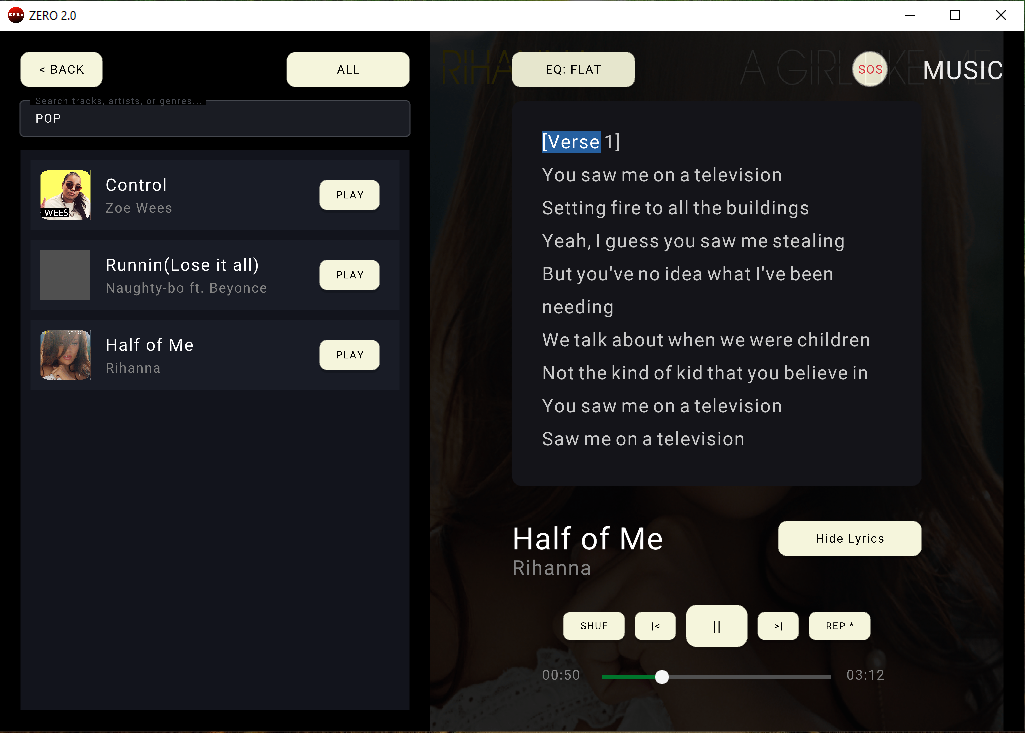 ZER0 2.0 music player page