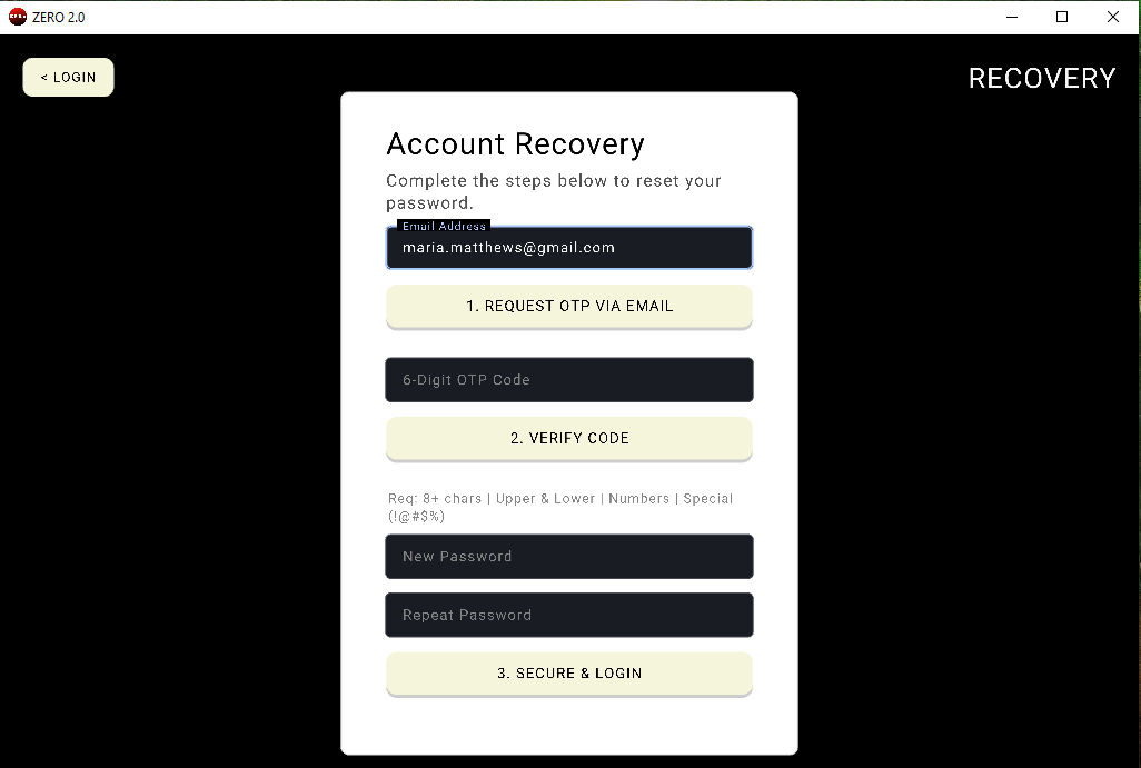 ZER0 2.0 password manager page