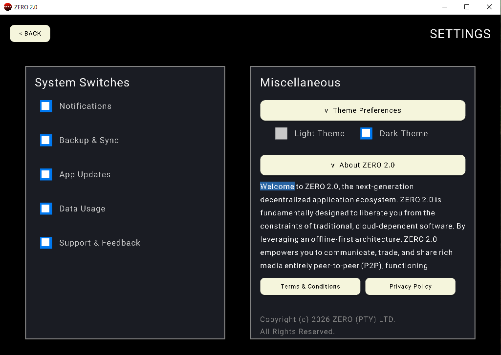 ZER0 2.0 application settings page