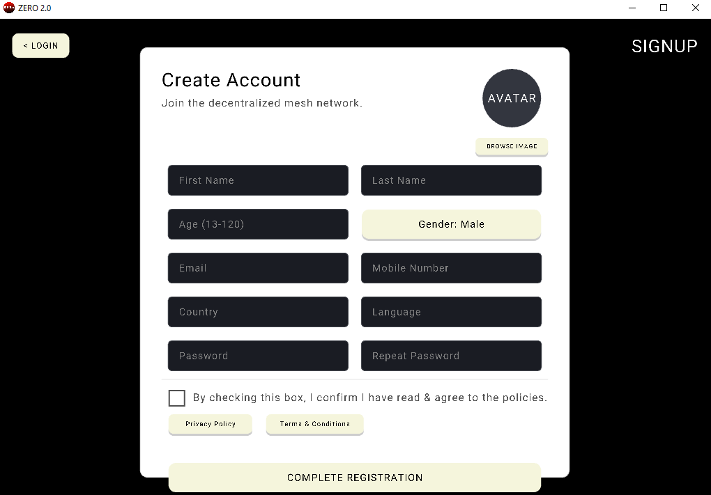 ZER0 2.0 signup page